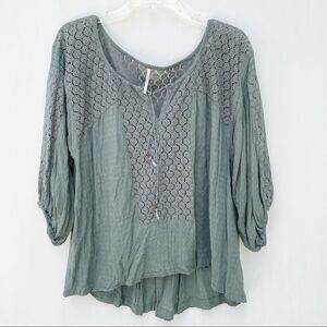 Free People Size S 3/4 Sleeve Eyelet Boho Blouse Top Tassel Lace